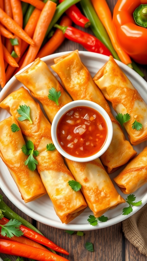 Crispy vegetable spring rolls with sweet chili sauce, garnished with cilantro on a plate.